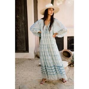 Daughters Of India Teal Jasmine Maxi Dress Long Cotton Lightweight Sea Mist XS